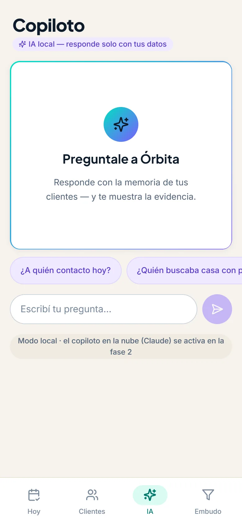 Pantalla Copiloto IA: preguntale a Órbita sobre tus clientes