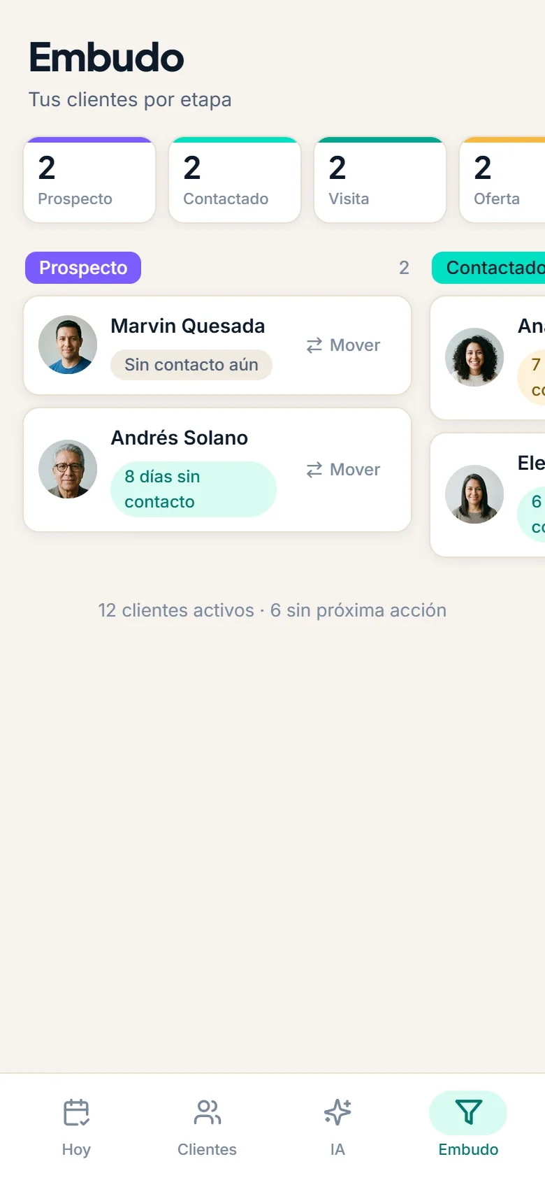 Pantalla Embudo: clientes organizados por etapa del pipeline