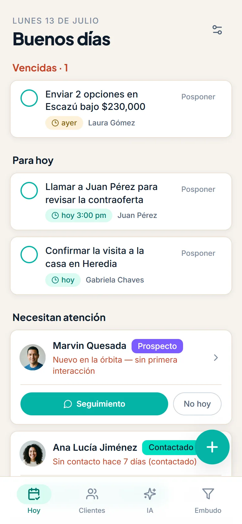 Pantalla Hoy: tareas del día y clientes que necesitan atención