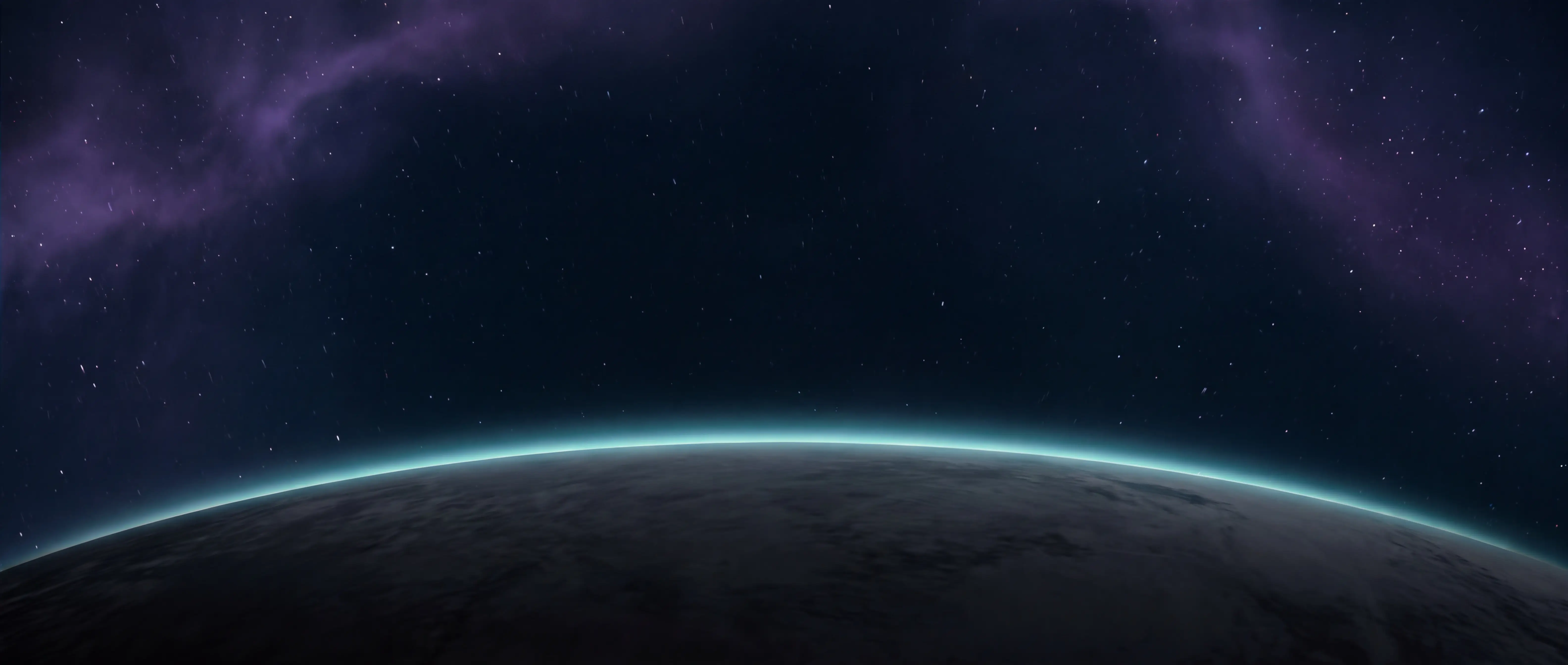 Horizonte de un planeta visto desde órbita, con el borde iluminado en tono aqua